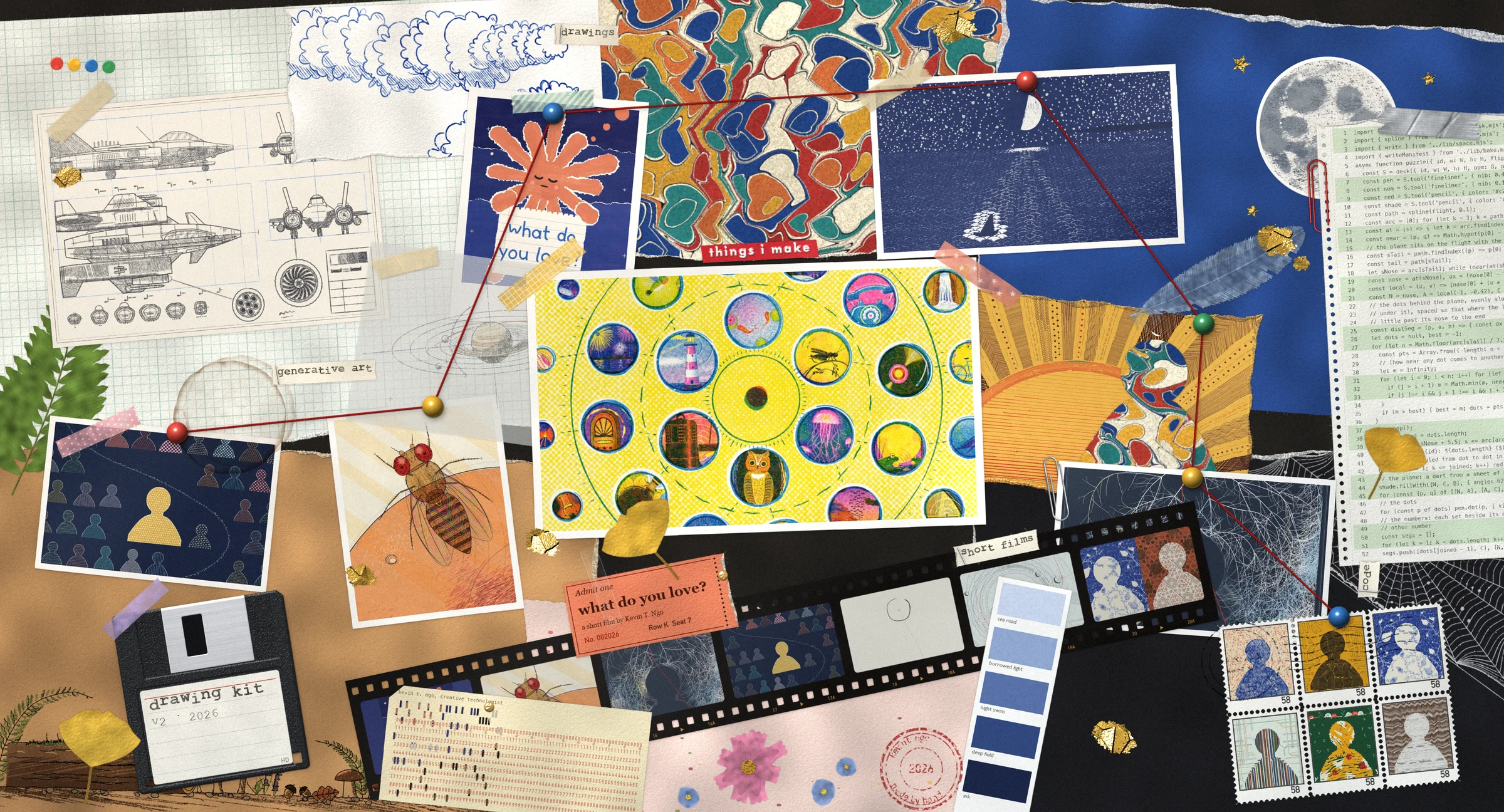 A collage of everything Kevin makes: stills from his films as glossy prints and along a strip of film, sheets from the drawing desk, the self-portraits as a block of postage stamps, a ticket to what do you love?, a punch card, a code printout, paint chips, watercolour swatches, marbled paper, pressed leaves and flowers, all held down with tape, clips and pins, and a red thread run from pin to pin.