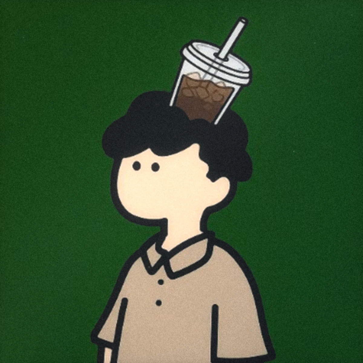 Kevin, drawn: curly black hair, a beige polo shirt, and an iced coffee balanced on top of the head, on dark green